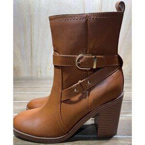 Liz Claiborne Size 9.5 M Olinda Cognac Faux Leather Block Heel Ankle Boots